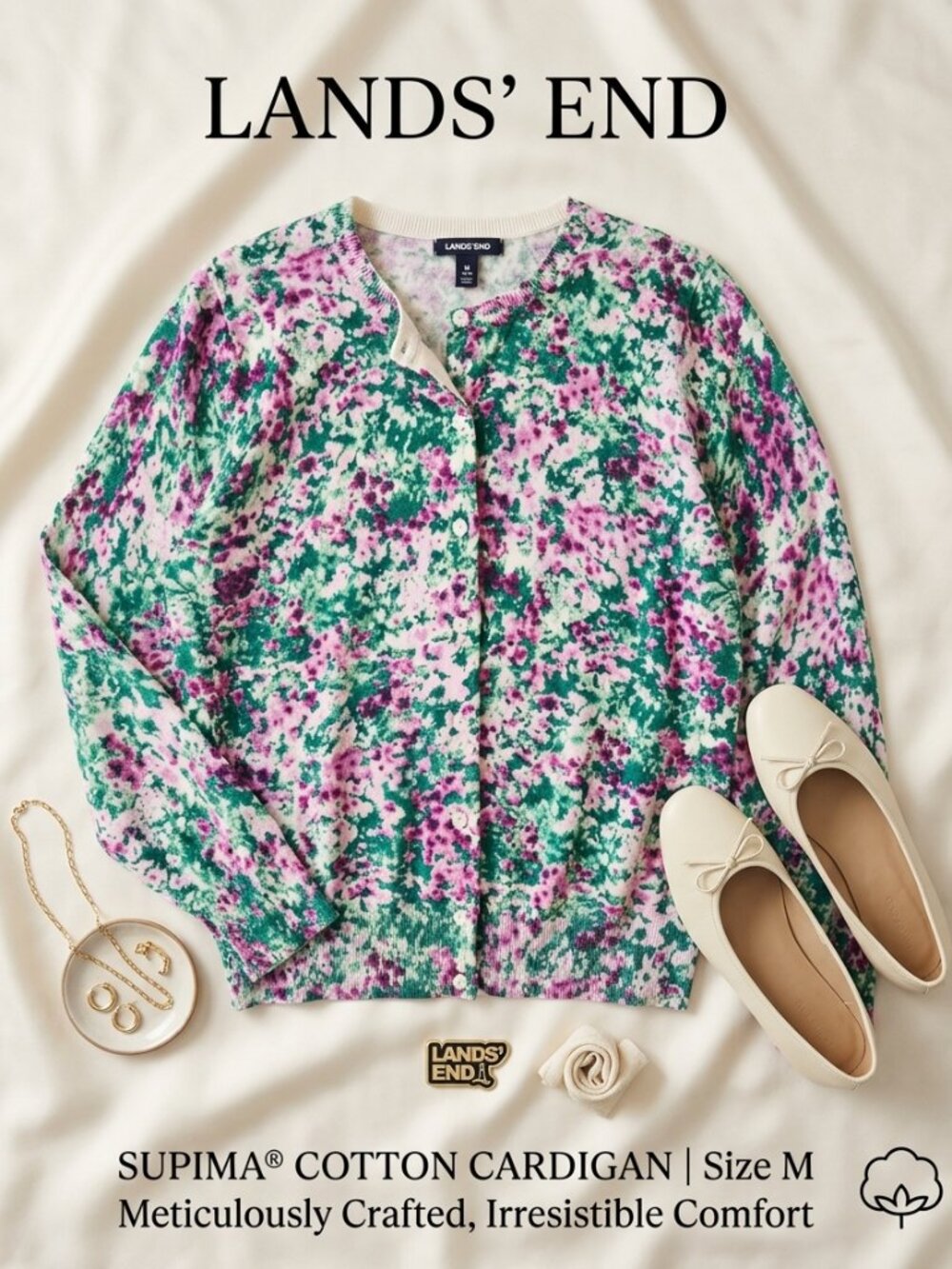 Lands' End Supima Cotton Floral Button-Front Cardigan Sweater Watercolor Size M